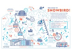 the welcome to snowbird map is shown in blue and orange, with icons on it