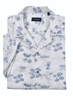 Relax and dream away in a cool casual lifestyle. Made with soft white cotton seersucker fabric and a matching island motif print in warm blue, this shirt brings a cool and comfortable look. Its pajama top collar adds to the relaxed fit, making it perfect for your island getaway. White Printed Shirt With Spread Collar, White Relaxed Fit Camp Shirt For Vacation, White Hawaiian Shirt With Camp Collar For Vacation, Summer Cotton Sleepwear With Camp Collar, White Printed Camp Collar Shirt, White Camp Collar Top For Vacation, White Printed Shirt With Camp Collar, White Short Sleeve Shirt With Camp Collar For Vacation, White Camp Collar Shirt For Vacation