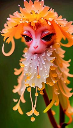 a close up of a flower with drops of water on it's face and eyes