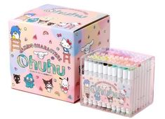 the box is full of markers and pens for children to use in their writing work