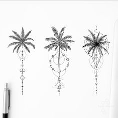 three palm trees are shown in black and white on a sheet of paper next to a pen