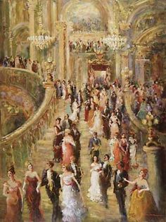 a painting of people in formal dress walking up stairs