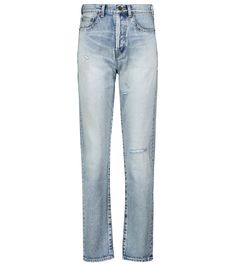 For elevated, yet unstudied wardrobe staples, Saint Laurent leads the charge with styles such as these light-blue jeans. Made in Japan from mid-weight denim that's faded and slightly distressed, they have a high-rise silhouette with slim legs. | Saint Laurent High-rise slim jeans Saint Laurent Jeans, Light Blue Jeans, Japan Fashion, Jean Slim, Ski Wear, Slim Jeans, Scarf Hairstyles, Slim Legs, Jeans Slim