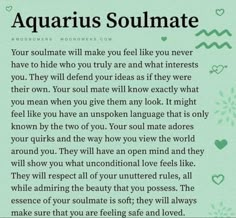 an aquarius poem with the words aquarius soulmate written in green on it