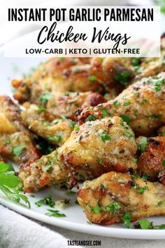 instant pot garlic parmesan chicken wings on a white plate with text overlay