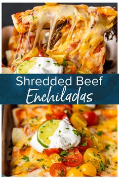 shredded beef enchiladas with sour cream on top and fresh vegetables in the bottom