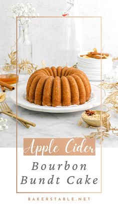 an apple cider bundt cake on a white plate