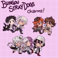 an image of some anime characters with words on them that says, bungo stray charms