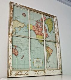 an old window frame with a map on it and the words, turn an old window frame into an interesting map for your wall