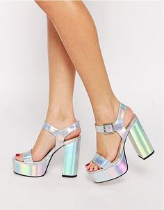 1990 Style, Holographic Heels, Holographic Fashion, Prom Heels, Platform High Heels, Prom Shoes, Heeled Sandals, Platform Shoes, High Heel Sandals