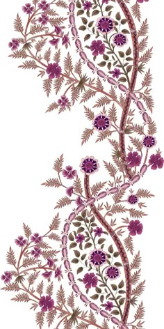 an intricately designed floral design with purple flowers and leaves on a white background,