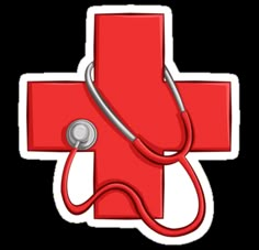 a red medical cross with a stethoscope on it's side sticker