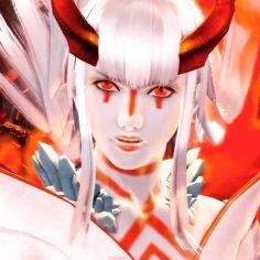 an anime character with horns on her head and white hair, standing in front of red flames