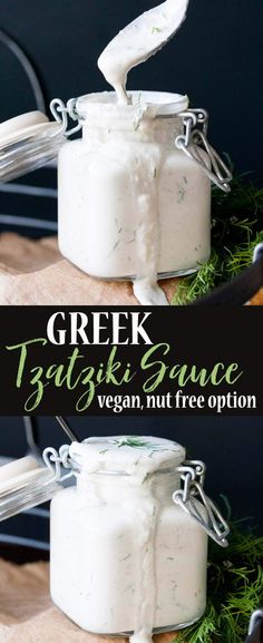 greek yogurt sauce in a glass jar on a wooden cutting board with the words greek