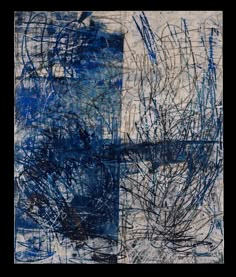 an abstract painting with blue and white paint on it's paper, including lines