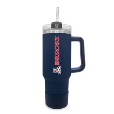 a blue travel mug with the words arizona in red and white on it, is shown