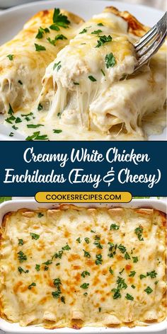 creamy white chicken enchiladas easy and cheesy with parsley on top