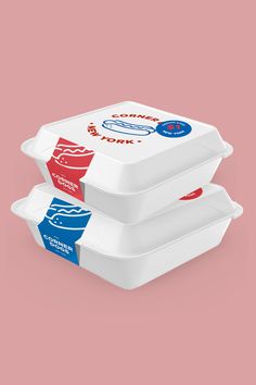 three takeout containers on a pink background with the lid down and one in red, white and blue