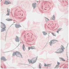 pink roses on white background with leaves and flowers in the center, as well as grey foliage