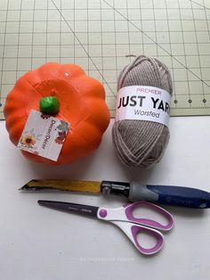 yarn and scissors are sitting on a table next to a pumpkin, ball of yarn, and crochet hooks