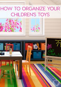 a child's playroom with colorful rugs and toys