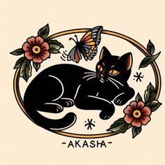 a black cat sitting in the middle of a circle with flowers and butterflies around it