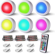 several different colored lights and remote controls