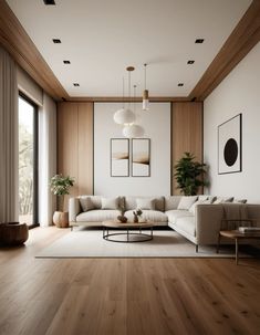 a modern living room with wood paneling and white couches, coffee table, potted plant and large windows