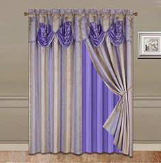 the curtains are hanging on the wall in front of the window with purple and beige colors