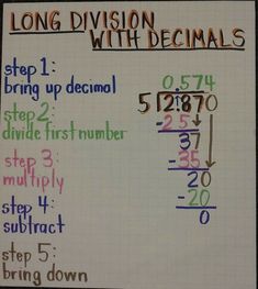 a white board with writing on it that says, long division with decimas