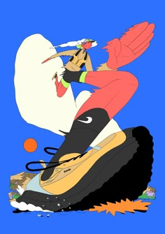 a woman riding on the back of a giant shoe with scissors in her hand and an orange bird flying over her head