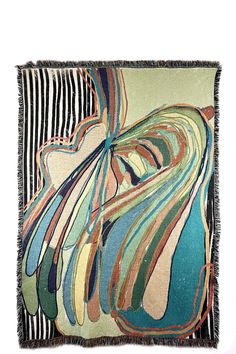 a multicolored abstract painting on a black and white striped background with fringes