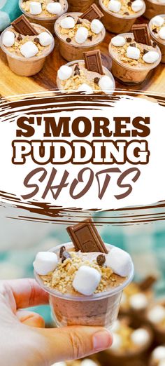 s'mores pudding shots with marshmallows and chocolate on the top