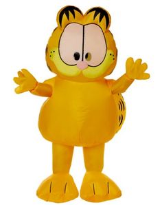 an inflatable yellow tiger standing with its arms out and eyes wide open, on a white background