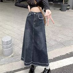 Olivia Mark - High-Waisted Vintage Washed Denim Skirt with Loose Fit and Hip-Hugging Design Long Jean Skirt, Vintage Denim Skirt, High Waisted Denim Skirt, Umbrella Skirt, High Waisted Pleated Skirt, Distressed Denim Skirt, Denim Skirt Women, Knit Midi Skirt, Half Skirt