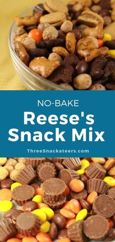 no - bake reese's snack mix in a bowl with the title above it