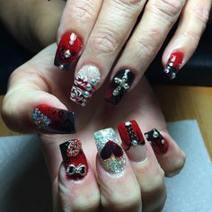 nail red black Red And Silver Nails, Red Ombre Nails, Dark Red Nails, Red Acrylic Nails, Black Nail Art