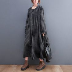 Details: Item Type: Dress Main Material: Cotton Season: Spring, Autumn Style: Leisure, Daily Pattern Type: Plaid Waist Type: Loose Fit Type: Loose fit/ Pullover Size: One Size Length: 115.00 cm/ 45.28 " Bust: 140.00 cm/ 55.12 " Shoulder: 49.00 cm/ 19.29 " Casual Long Workwear Dresses, Casual Long Dresses For Work, Oversized Casual Maxi Dress For Work, Casual Plaid Maxi Dress, Casual Plaid Midi Dress, Casual Plaid Midi Dress For Daywear, Loose Midi Dress, Plus Size Spring, Grey Midi Dress