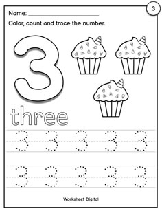 the number three worksheet with cupcakes