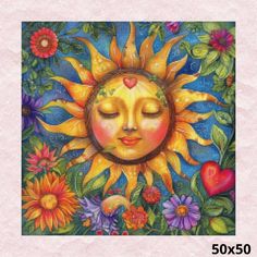 a cross stitch sun with flowers and hearts on it