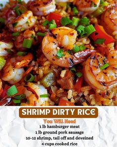 shrimp and rice dish with text overlay that reads shrimp dirty rice