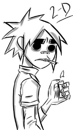 a black and white drawing of a person with sunglasses holding a drink in their hand