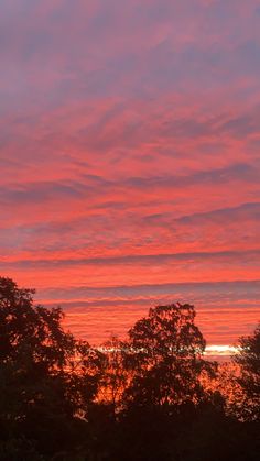 the sky is pink and orange as the sun sets in the distance behind some trees