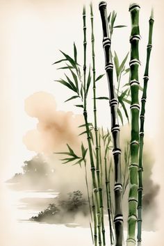 an artistic painting of bamboo trees in the mist