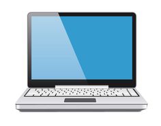 an open laptop computer sitting on top of a white surface with a blue screen and keyboard