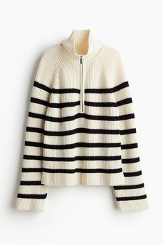 Rib-knit sweater in a soft cotton blend. Stand-up collar  half-zip  and long raglan sleeves. Straight hem with slit at sides. Wineries Outfit, High Neck Sweater, Half Zip Sweaters, Sweaters Online, Ribbed Knit Sweater, Fashion Story, Cool Sweaters, Knitted Jumper, Zip Sweater