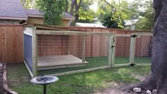 a dog house in the back yard next to a tree