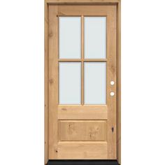 a wooden door with glass panels on the front and side panel, in light wood