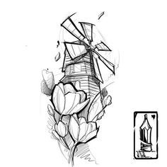 a black and white drawing of a windmill with tulips