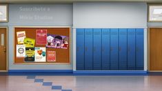 an empty school room with blue lockers and posters on the wall